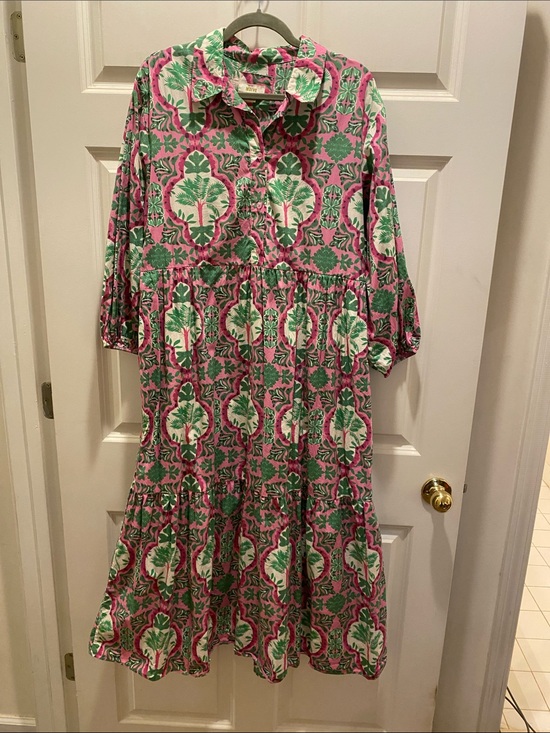 Anthropologie Dresses & Skirts - Anthropologie Pink and Green Patterned Tiered Midi Dress